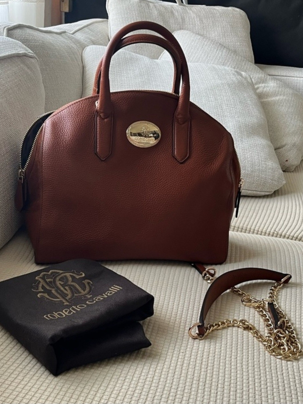 Roberto Cavalli Chestnut Brown Leather Dome Satchel with Gold Hardware